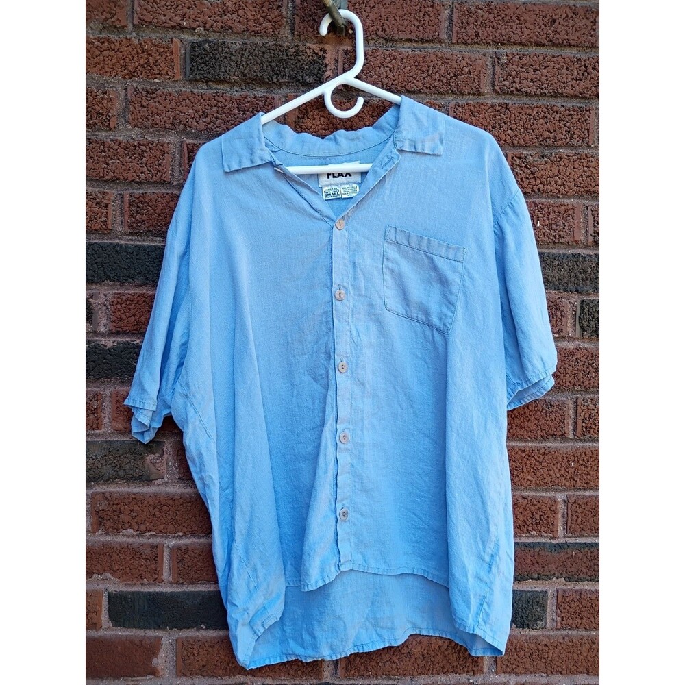 Flax clothing women's linen size small button up short sleeve top blue